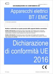 Dichiarazione di Conformita' UE Apparecchi elettrici BT/EMC 2016 Dichiarazione di Conformita' UE Apparecchi elettrici BT/EMC 2016