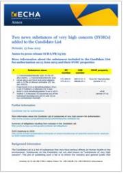 Two news substances of very high concern (SVHCs) added to the Candidate List Two news substances of very high concern (SVHCs) added to the Candidate List