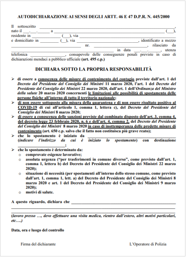 D P C M  08 marzo 2020 Nuovo modulo di autocertificazione spostamenti 23 03 2020