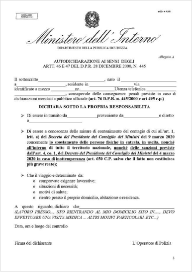 DPCM 9 Marzo 2020 autodichiarazione spostamento persone fisiche