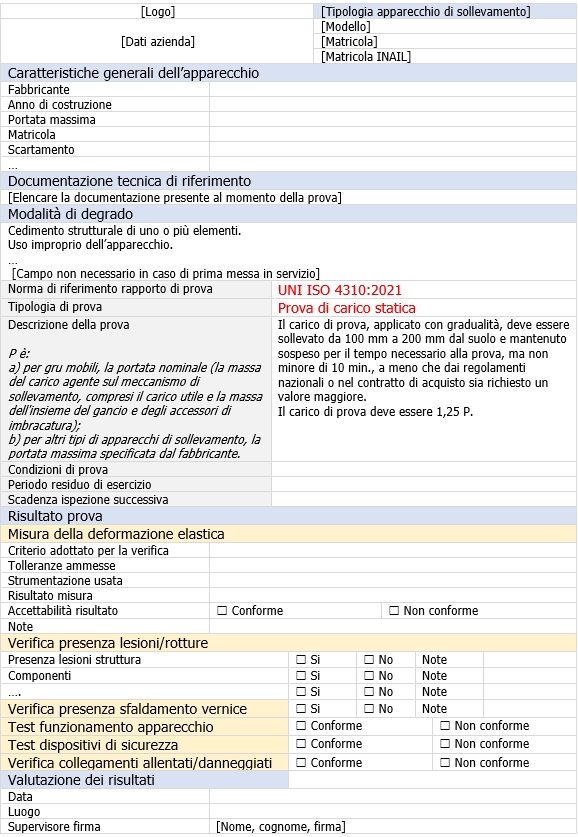 Modello rapporto prova di carico statica