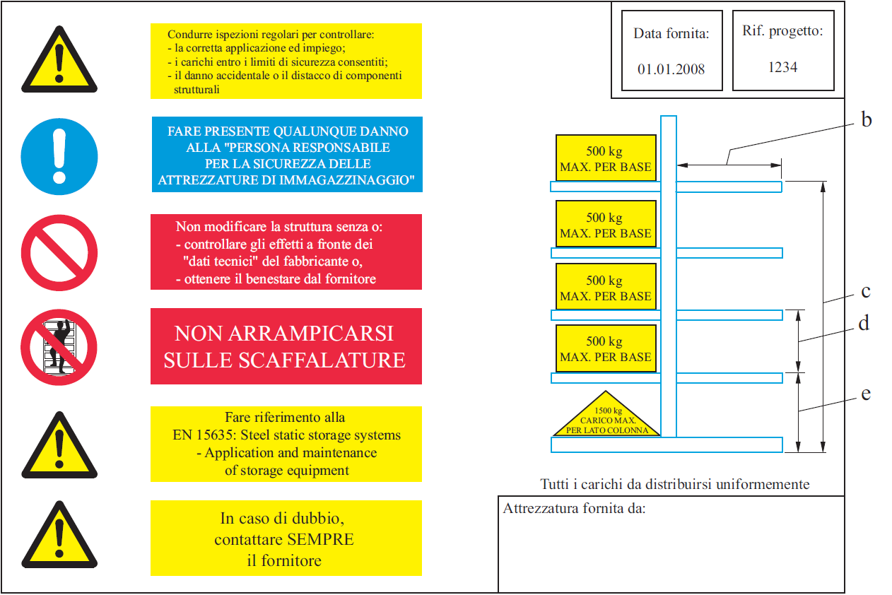 Figura B 11 Esempio cartello di carico per sistemi di scaffalature cantilever