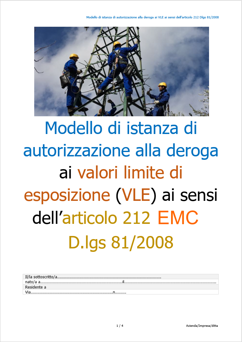 Modello istanza di autorizzazione deroga VLE EMC   Art  212 TUS