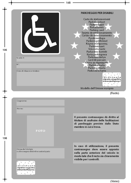 Facsimile del contrassegno da esporre sui veicoli disabili