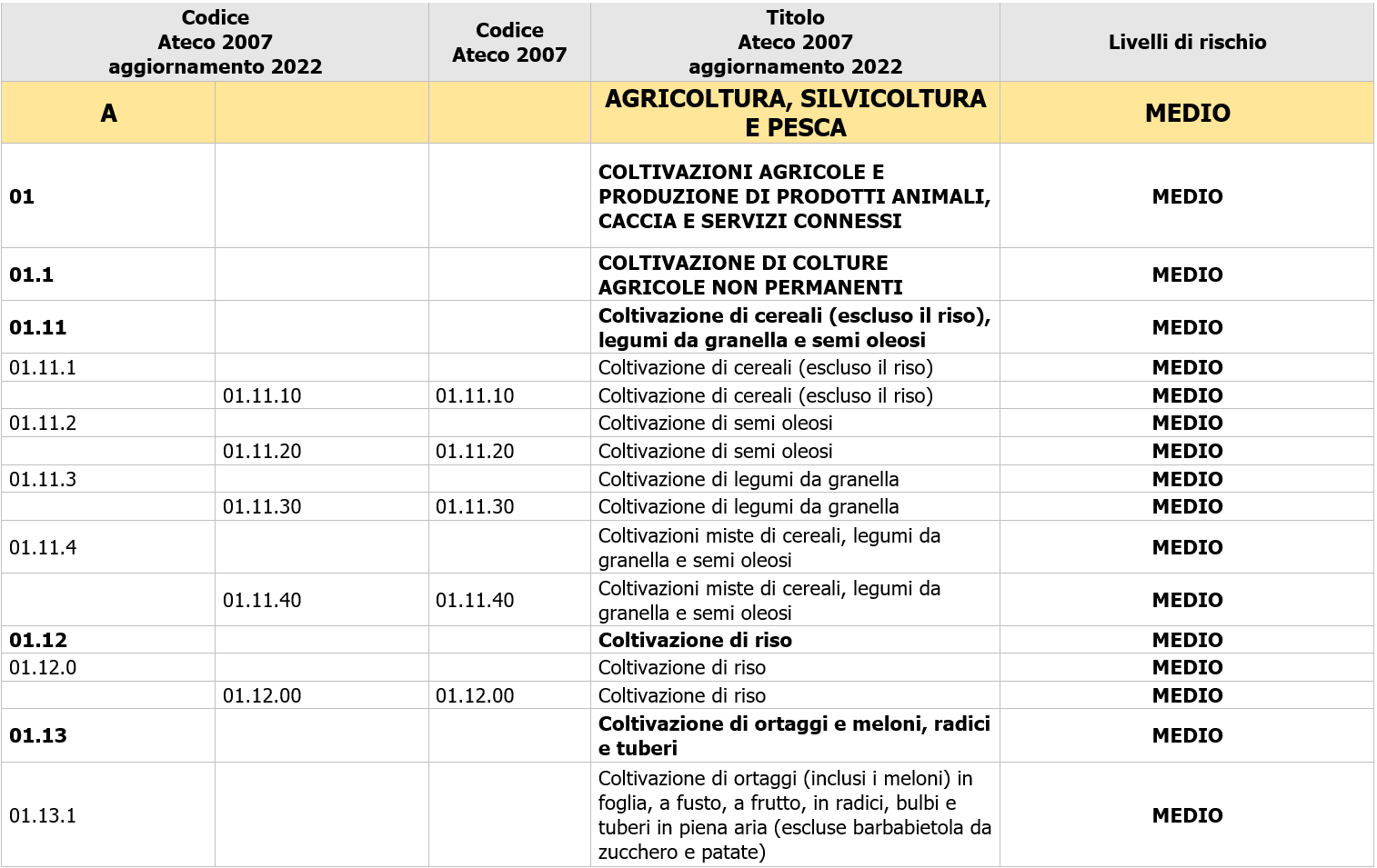 Codice ATECO e Livelli di rischio   Tabella estesa   1