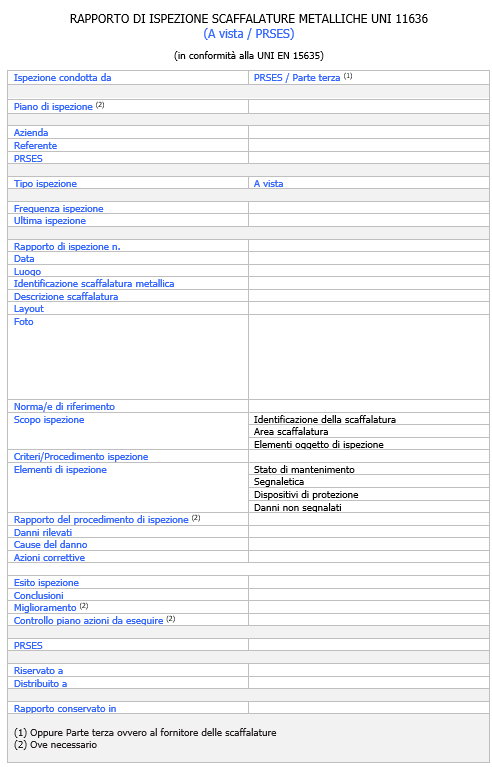 Rapporto ispezione scaffalature metalliche a vista UNI 11636 2023