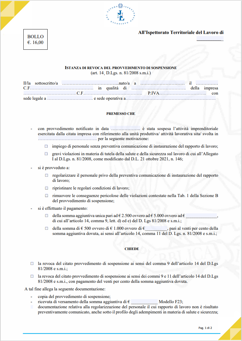 Istanza di revoca del provvedimento di sospensione dell attivit  imprenditoriale