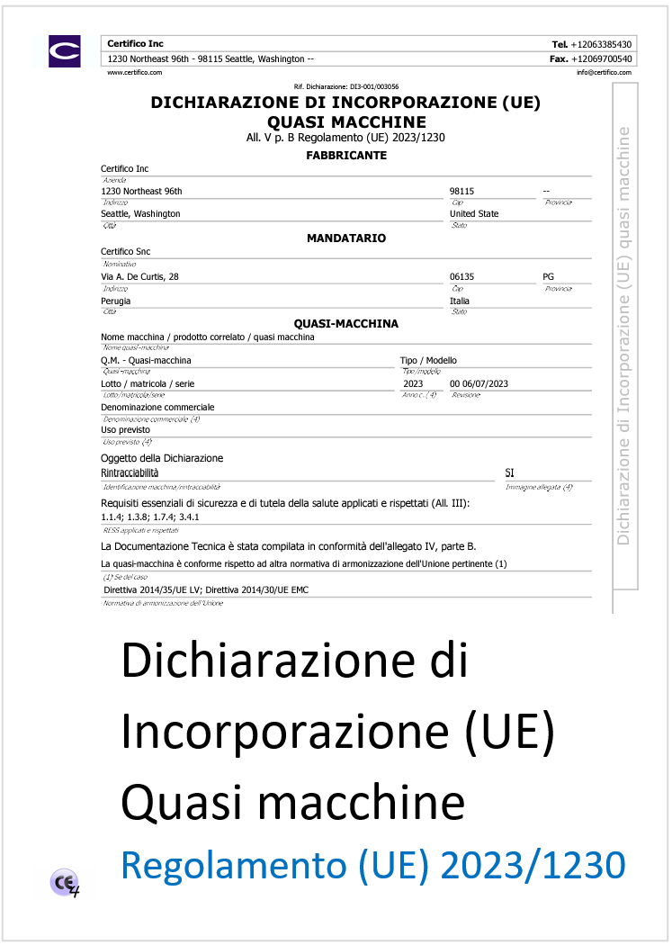 Modello Dichiarazione di Incorporazione  UE  Regolamento macchine   06 07 2023