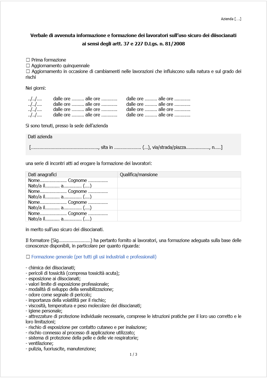 Valutazione dei rischi SSL diisocianati Verbale