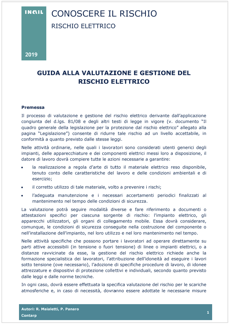 Guida valutazione e gestione del rischio elettrico INAIL 2019