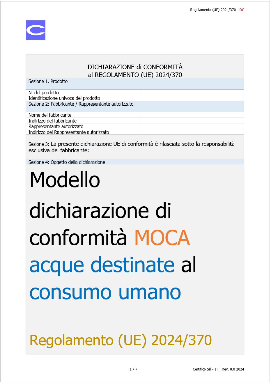 Modello Dichiarazione di conformit  MOCA acque destinate al consumo umano