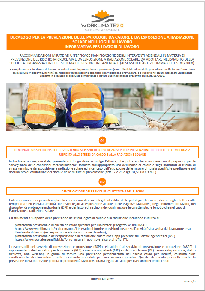 Decalogo prevenzione patologie da calore e da esposizione a radiazione solare nei luoghi di lavoro