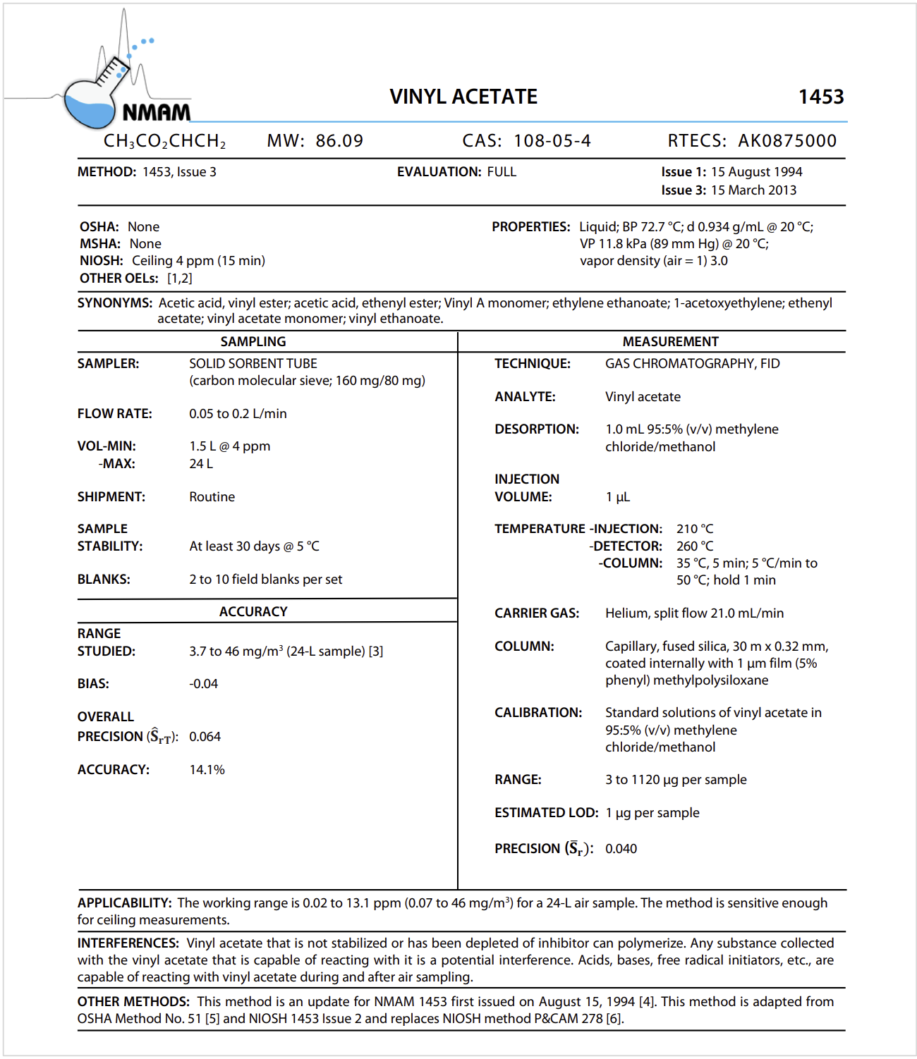 Fig    Esempio struttura Scheda si supporto Metodo NIOSH NMAM