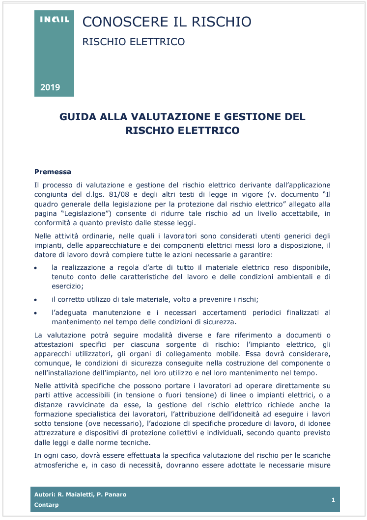 Guida valutazione e gestione del rischio elettrico INAIL 2019 Guida valutazione e gestione del rischio elettrico INAIL 2019