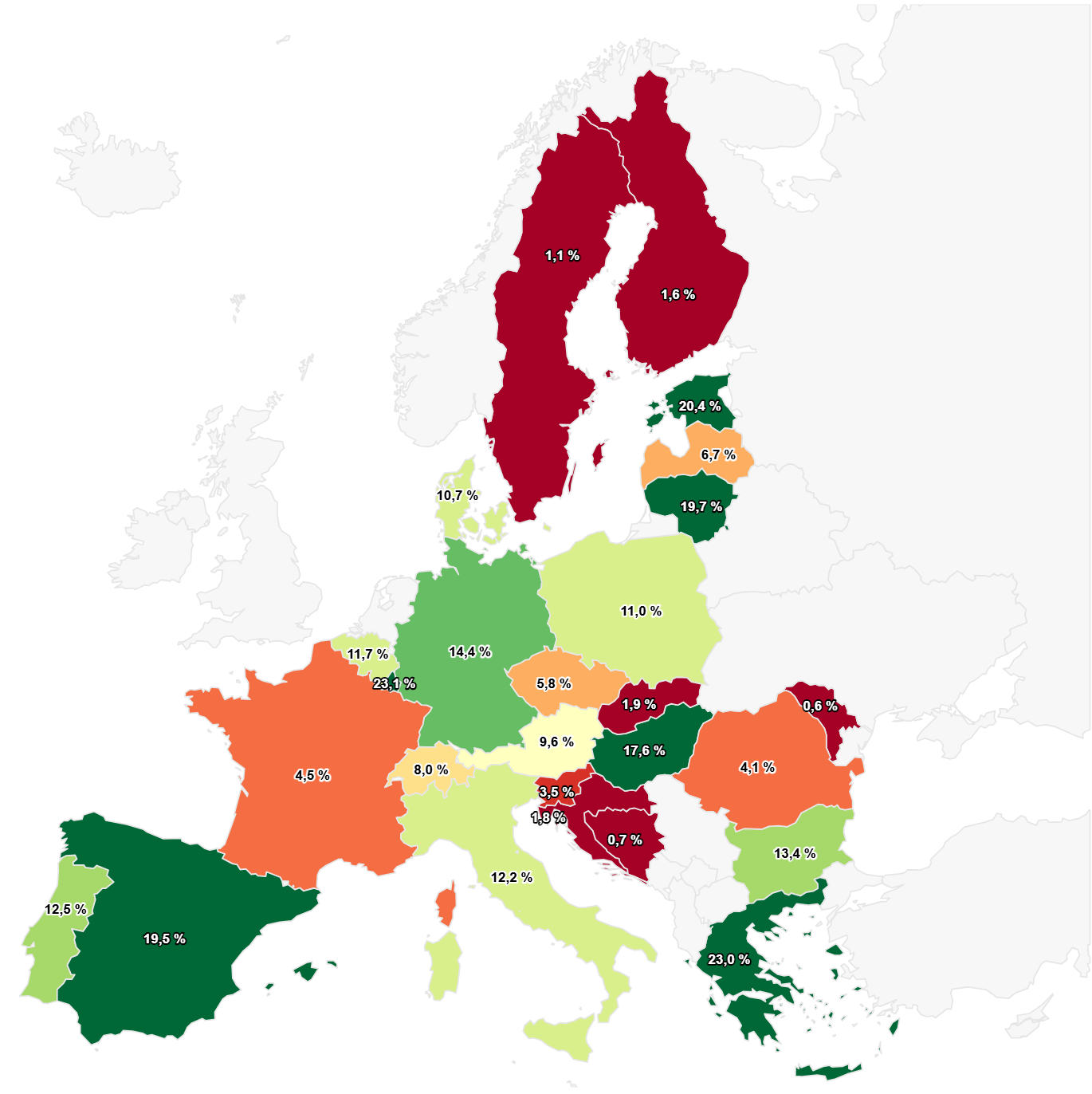 Quota di energia solare del produzione di energia elettrica pubblica in 2024 Quota di energia solare del produzione di energia elettrica pubblica in 2024