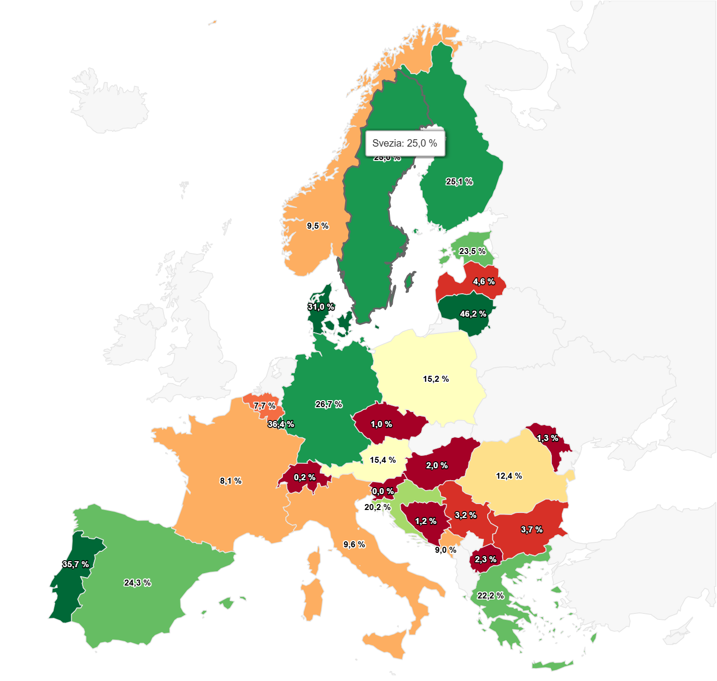 Quota di eolico onshore del produzione di energia elettrica pubblica in 2024 Quota di eolico onshore del produzione di energia elettrica pubblica in 2024